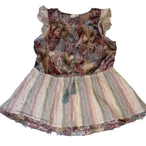 Mystree Patchwork Tank Top Small Peasant Boho Cottagecore Stripe Ruffle Fairy